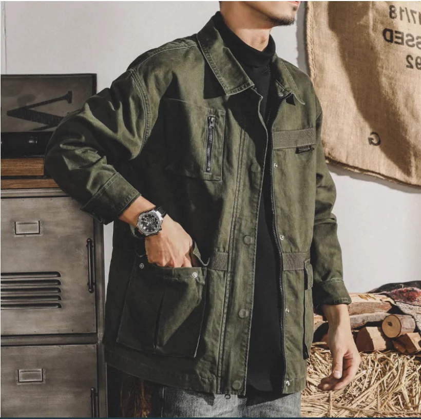 

American Classic Retro Army Green Coach Jacket Men's Autumn Loose Large Military Coat