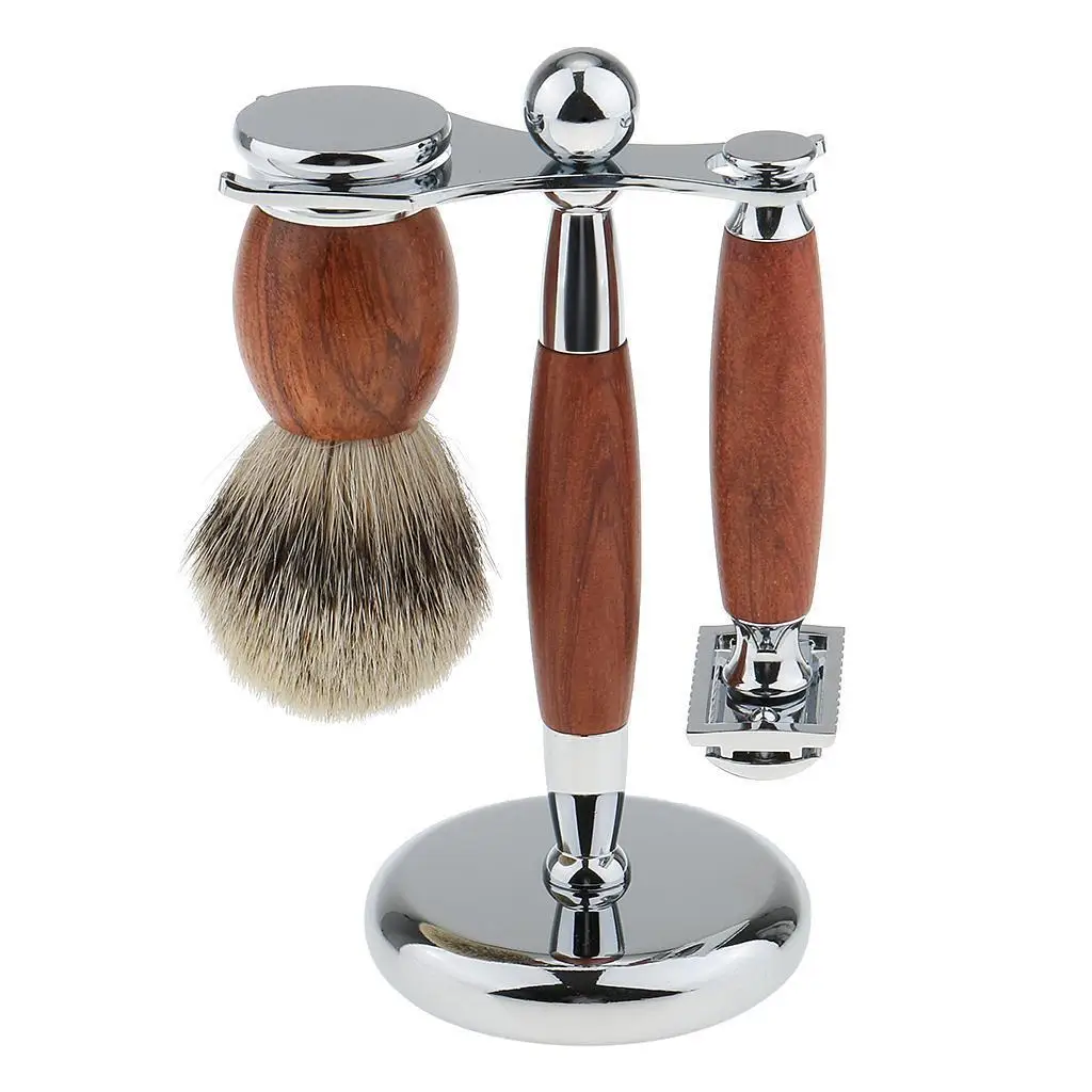 Men's Premium Shaving Set Rosewood Shaver Brush Alloy Stand Holder Storage Shave Tool Facial Clean