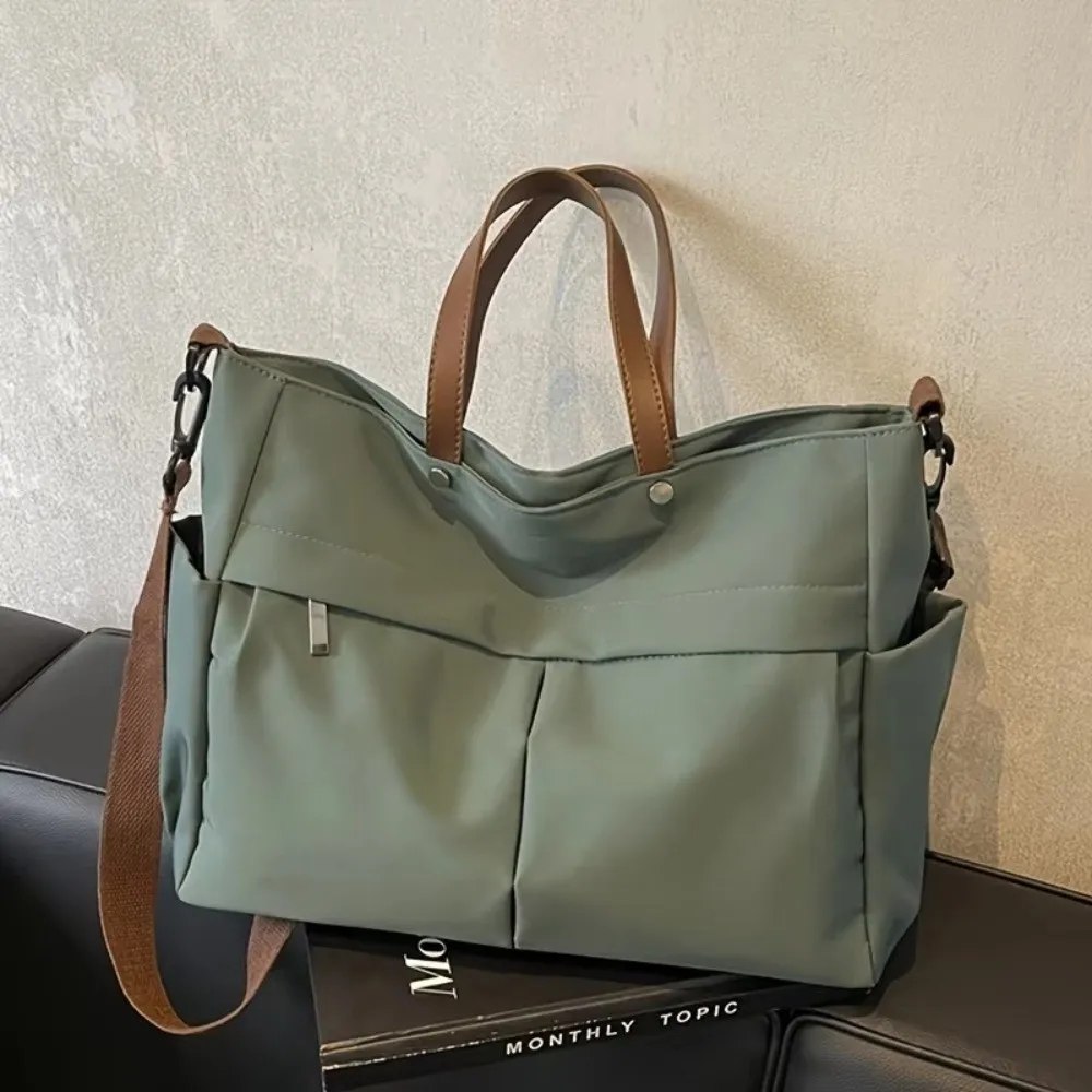 

Stylish Nylon Women Shoulder Bag Two Pockets Large Capacity Commuting Handbag Solid Color Casual Style Tote Bag Student