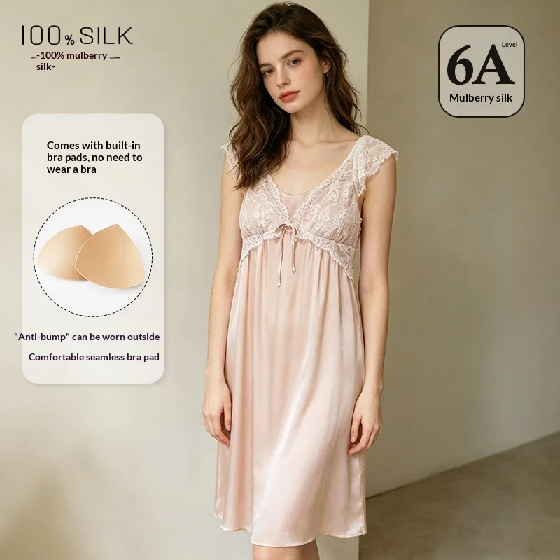 French Lace 100% Mulberry Silk Princess Chemise Sleep Dress with Bra Summer Loose Fit Nightdress Elegant Loungewear Nightgown PJ