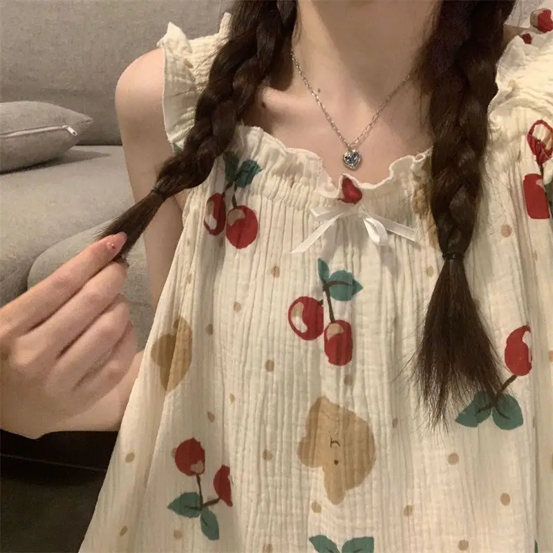 Sweet Kawaii Nightgowns Women Sleeveless Printed Loose Above Knee Korean Style Summer Students Cute Night Homewear Leisure BF image 5