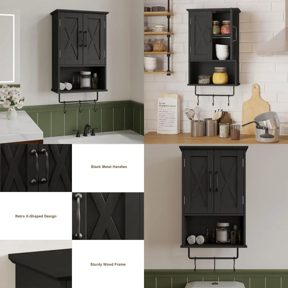 

Over-the-Counter Storage Cabinet with Adjustable Shelf, Hooks, and Towel Bar for Bathroom and Kitchen in Black