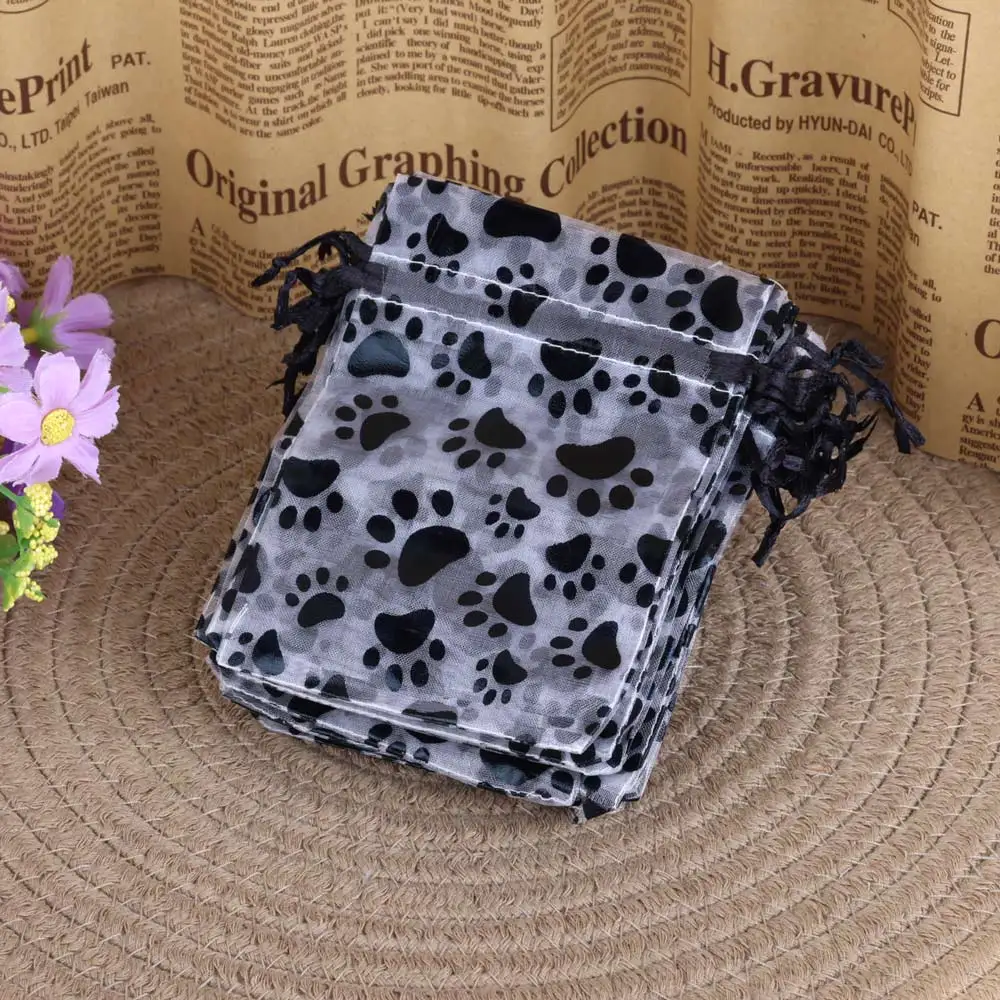 25pcs/50pcs Cat Claw Printing Organza Gift Bag Black New Design 9x12 10x15 13x18cm Jewelry Drawstring Packaging Bags Wholesale