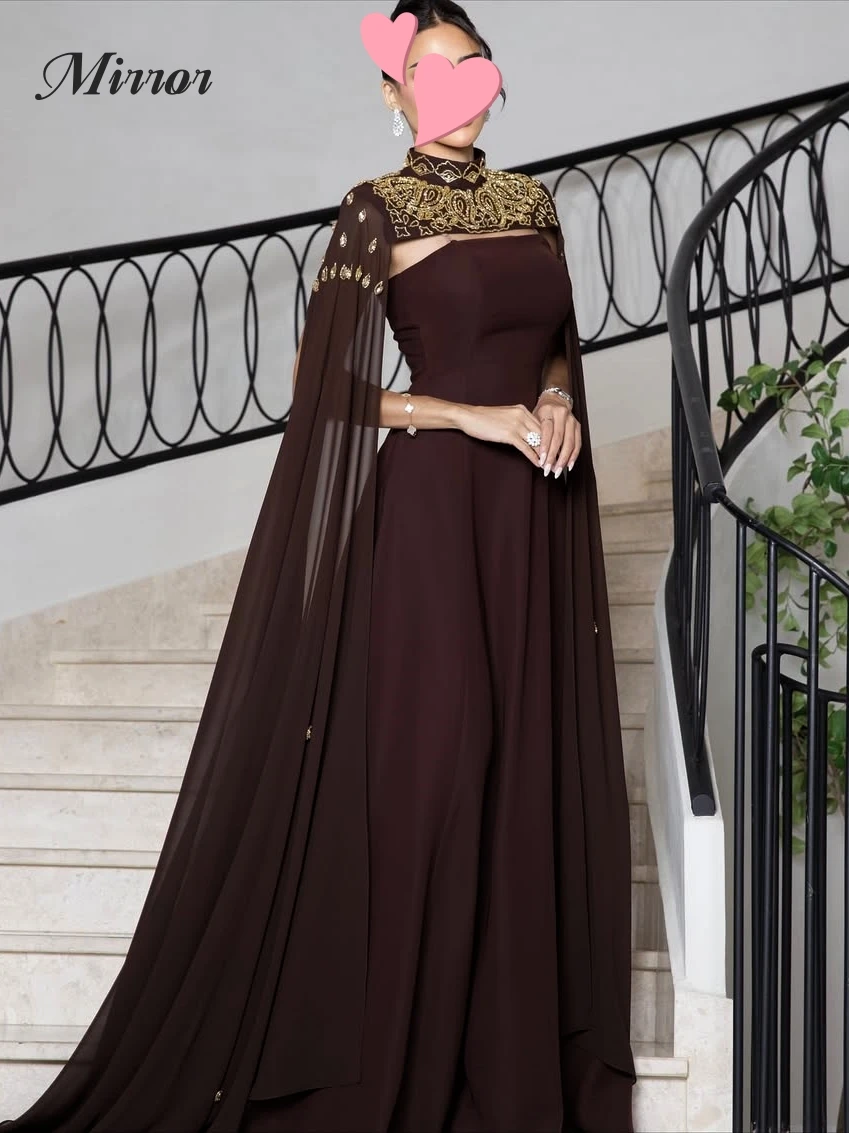Spiegeljurk Elegante Vintage Sexy Bruine Chiffon Kralen Cape Stijlvol Aanpassen Formele Gelegenheid Galajurk Avondfeest Jurken