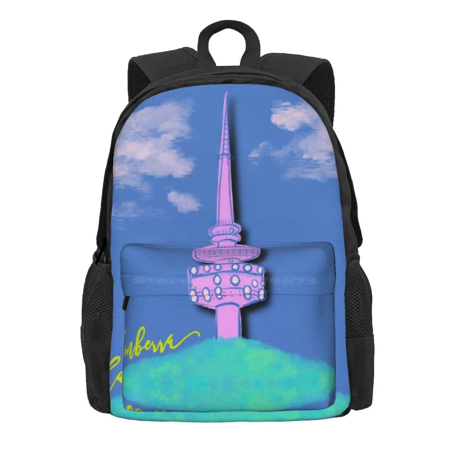 Canberra Telstra Tower - Paper Cut Brights Hot Sale Schoolbag Backpack Fashion Bags Australian Capital City Telstra Tower Black