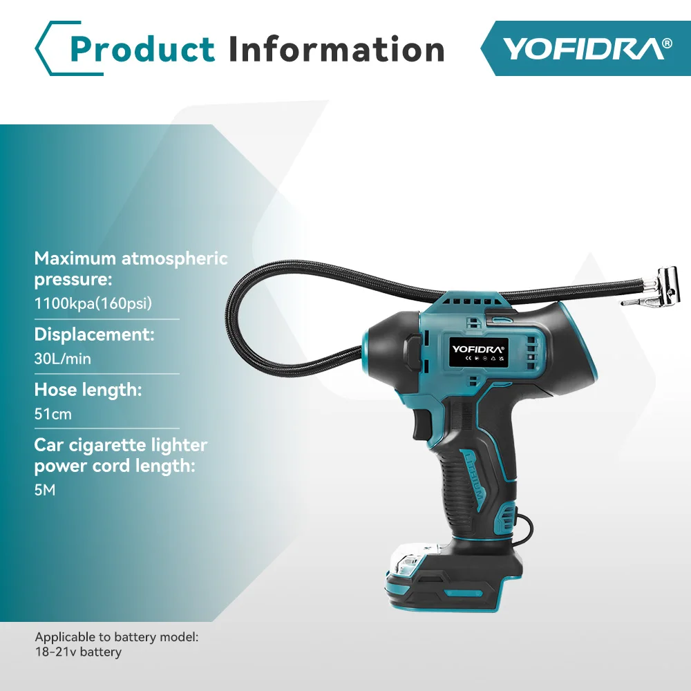 YOFIDRA Electric Air pump Portable Wireless Car Tire Inflator Digital Display Automatic Inflator Power Tool For 18V 21V Battery view 2