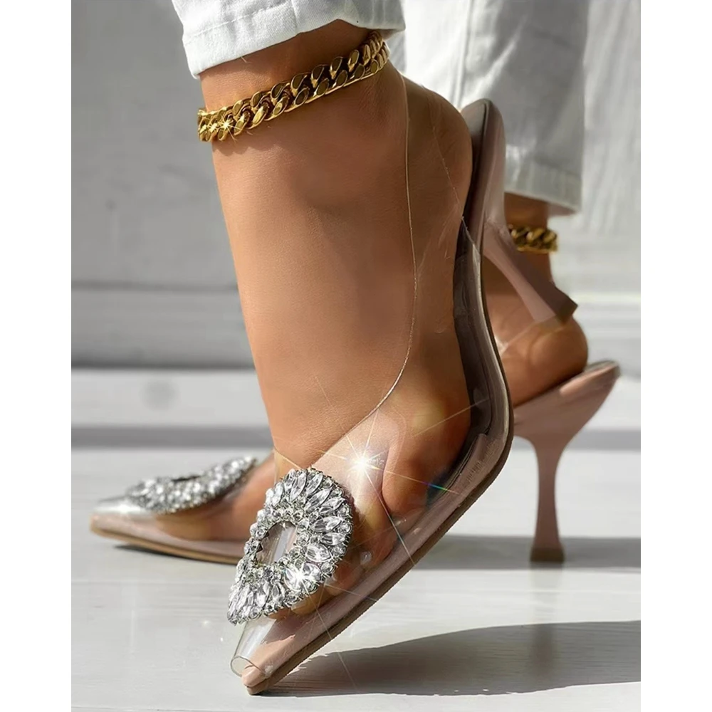 Women Rhinestone Geometric Pattern Clear Pumps Autumn Party Pointed Toe Slingback Thin Heel Shoes Korean Style Spring Fashion