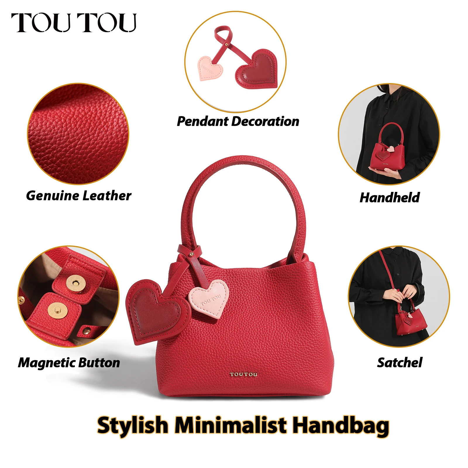 TOUTOU Original Bucket Bag New Textured Leather Red Small Handbag Pink Cherry Pendent Tote Bag Fashion Cute for Cosmetics Makeup