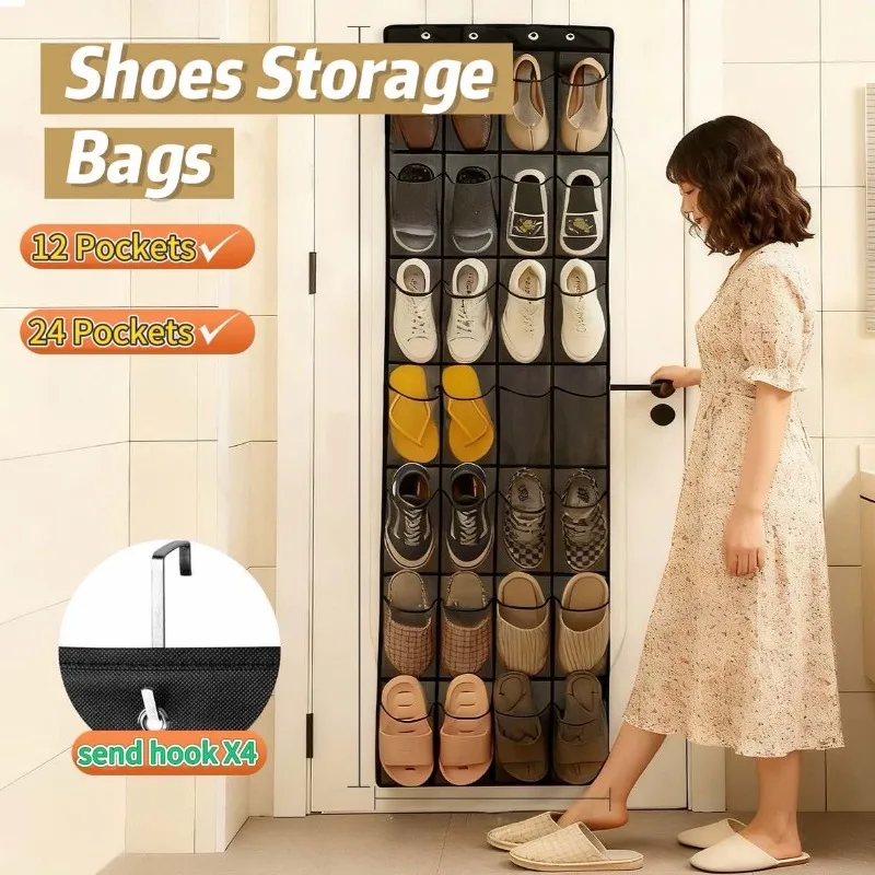 12/24er-Pack Wand-Aufbewahrungstasche Transparente Tasche Hängender Schuh-Organizer für Türen mit 4 Metallhaken Schuhregal Aufbewahrungstaschen