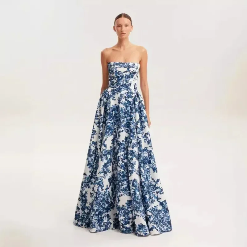 Graduation Floor Length Dress 2025 Women Corset Party Dress Elegant Sexy Off Shoulder Floral Print Cocktail Celebrity Dress