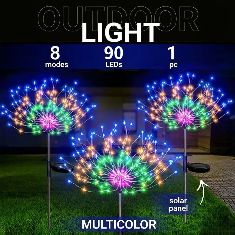 60-90LED Solar Fireworks String Lights, 8 Modes DIY Starburst Fairy Lamps, Waterproof Outdoor Garden Holiday Decorative Lights