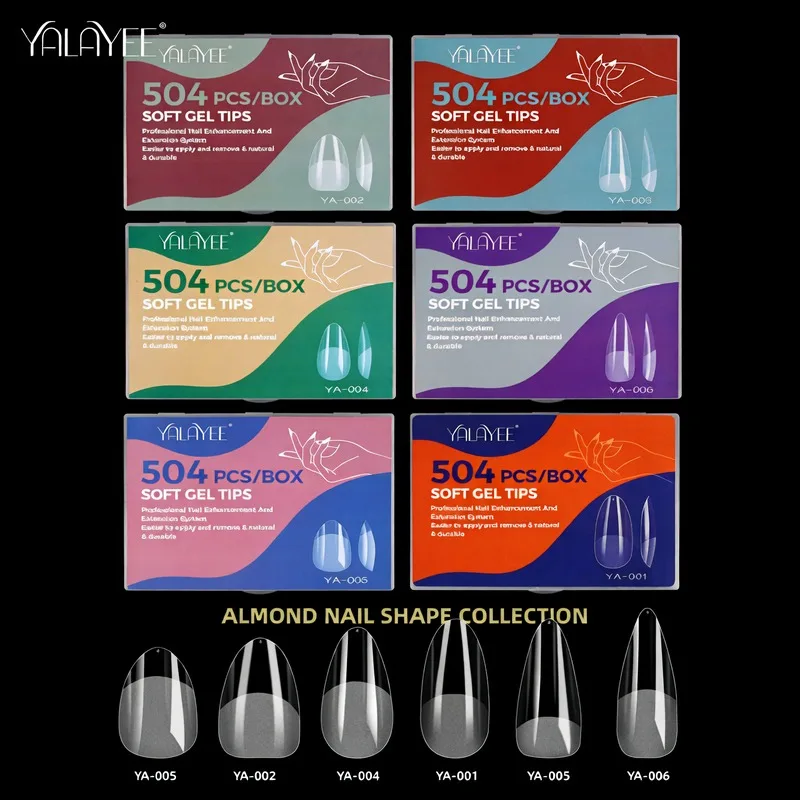 504 pieces/box XS/S/M almond-shaped nail tips with transparent full coverage and semi-matte acrylic soft gel, featuring 12 sizes