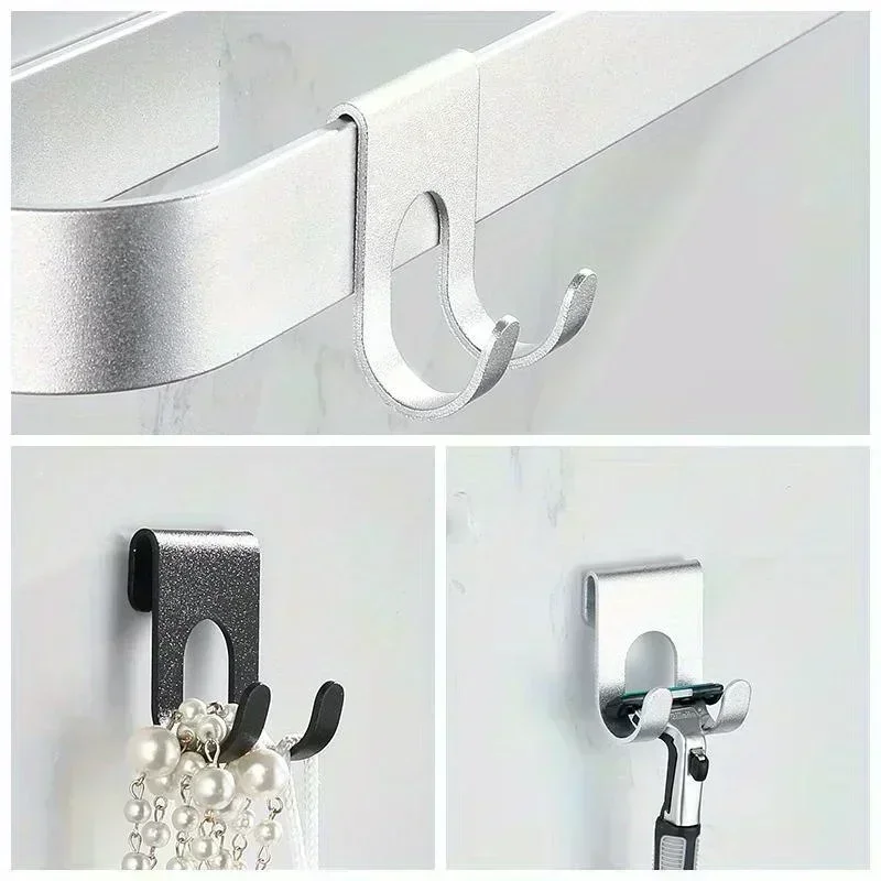 2 Stück Aluminiumhaken, Duschglas-Türhaken, Bohrerfreier Handtuchhalter, Schlüsselorganizer, Badezimmer-Rasiererhalter, Metall-Handtuchhaken