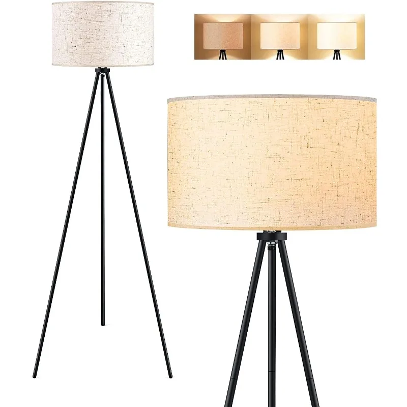 Floor Lamp for Living Room,Tripod Floor Lamp, 5W LED Bulb,3 Levels Dimmable Brightness,Linen Lamp Shade,Mid Century Standing