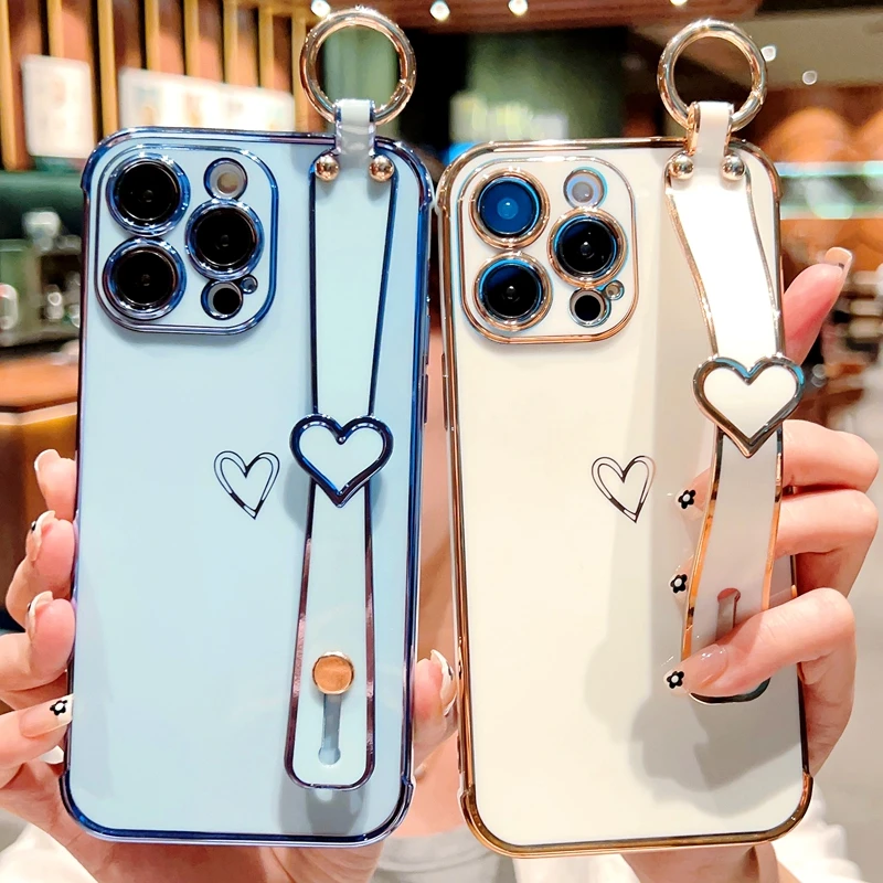 Soft Love Heart Wrist Strap Case For iPhone 14 13 12 11 Pro Max X Xs XR Max 7 8 Plus Hand Band Cases Cover