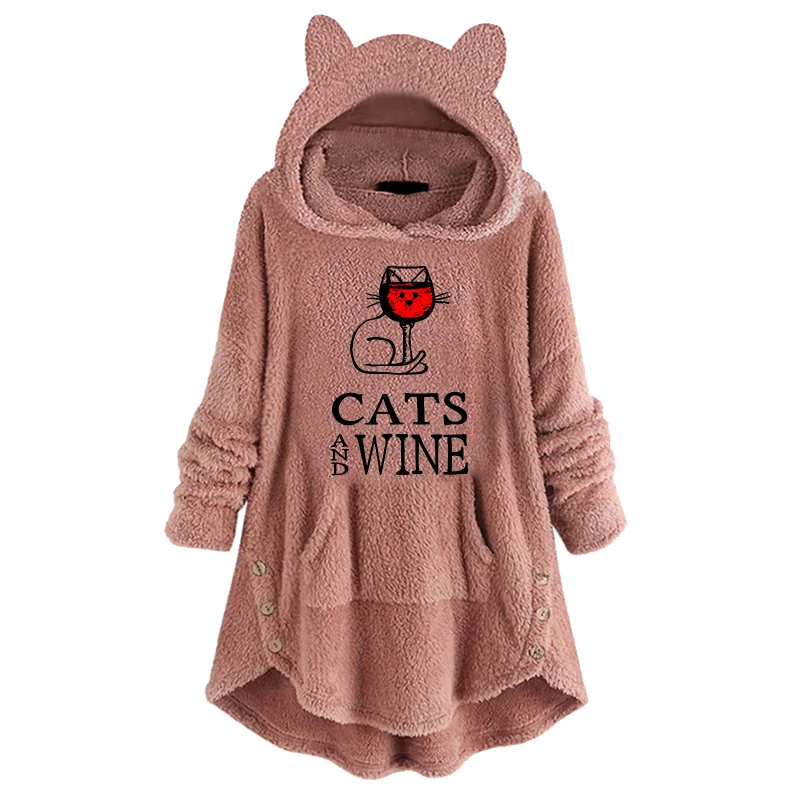 

2025 Autumn and Winter New Plush Printed Long Sleeve Pullover Cat Ear Hooded Fashion Sweatshirt
