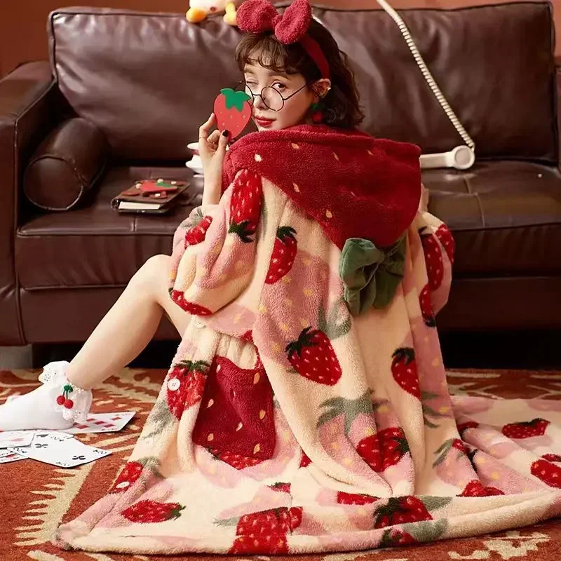 

Kawaii Flannel 2024 Winter Kimono Nightgown Strawberry Cute Home Wear for Women Sleepwear Warm Bathrobe Cartoon Hooded Long Robe