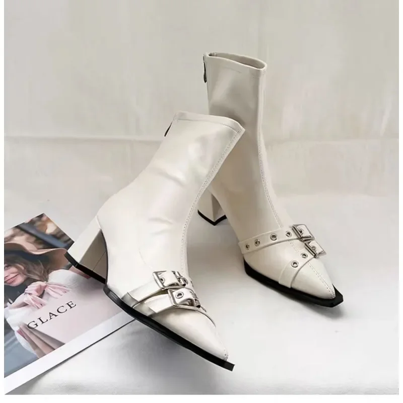 2024 Female Designer Buckle Footwear Women Ankle Stretch Boots Fashion Pointed Toe Ladies Short Booties With image 4