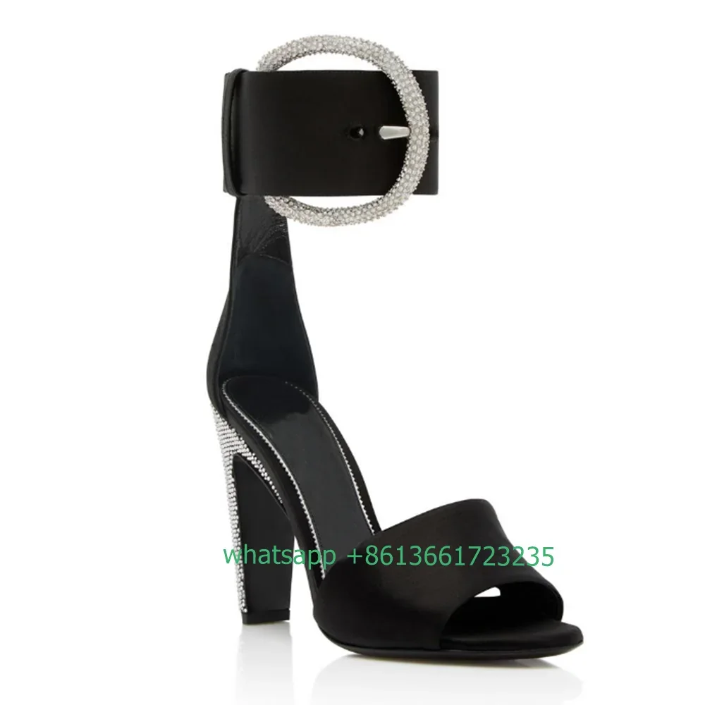 

Satin Crystal Buckle Ankle Strap Sandals Rhinestone Shiny Peep Toe High Heels Square Heel Bling Bling Designer Women Sandals