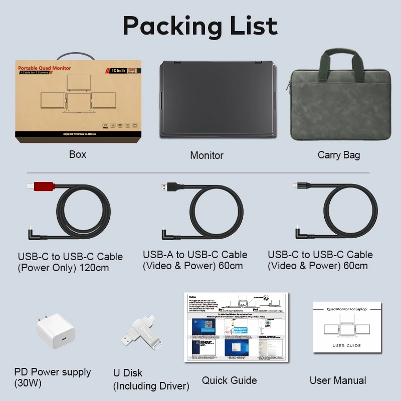 

2026 New Business Trading Monitor 16 Inch 1200P IPS Quad Portable Dual Screen One Cable For Laptop Extender Stock Forex USB C D'