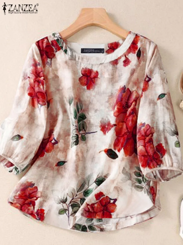 2024 ZANZEA Autumn Floral Printed Blouse Bohemian Women 3/4 Sleeve Tunic Tops Vintage Casual Holiday Beach Blusas Work Shirt