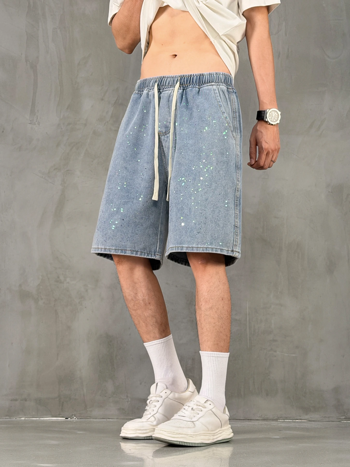 Summer Men's Thin Light Blue Rhinestone All-Over Elastic Waist Loose Fit Jeans Mid-Length Casual Trousers