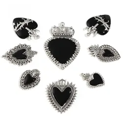 2-5PCs Hot Black Series Heart Charms For Jewelry Making Religious Mexico Voto Heart Enamel Pendants Necklace DIY Findings