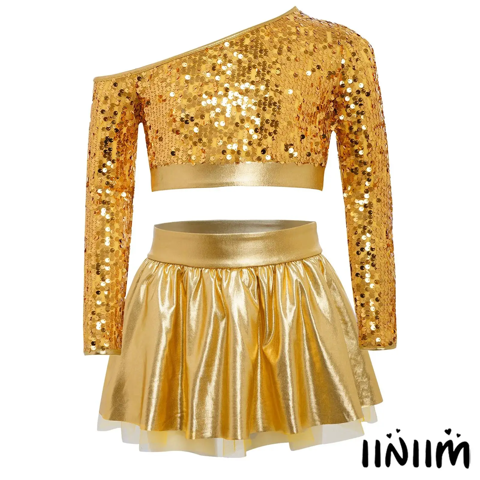 

Kids Girls Jazz Hip Hop Dance Competition Outfits One Shoulder Long Sleeve Sequins Top with Skirt Set for Cheerleading Dance