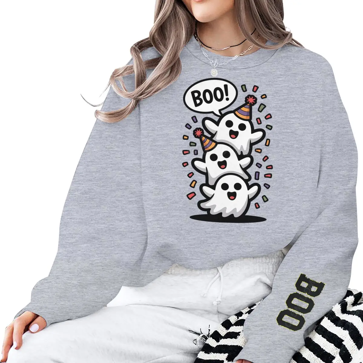 Halloween Cute Stacked Ghosts Boo Print Sweatshirt Women Crew Neck Long Sleeve Pullover Vintage Halloween Gifts Sweatshirts