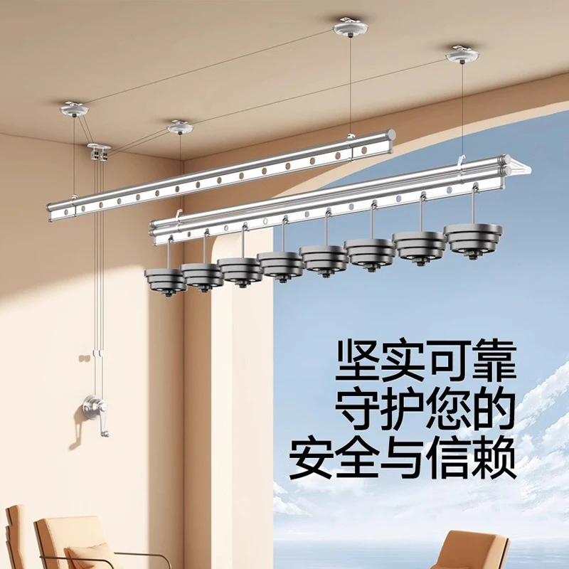 رف تجفيف الرفع، شرفة منزلية، عمود مزدوج، قضيب تجفيف الملابس مكرنك يدويًا، رف تجفيف يدوي داخلي، يمكن تجفيف اللحاف #2