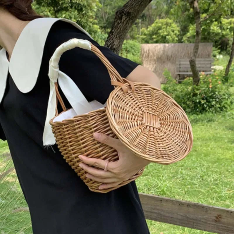 Hand Woven Wicker Basket Bag Women Summer Beach Natural Rattan Straw Bucket Totes Handmade Woven Handbag