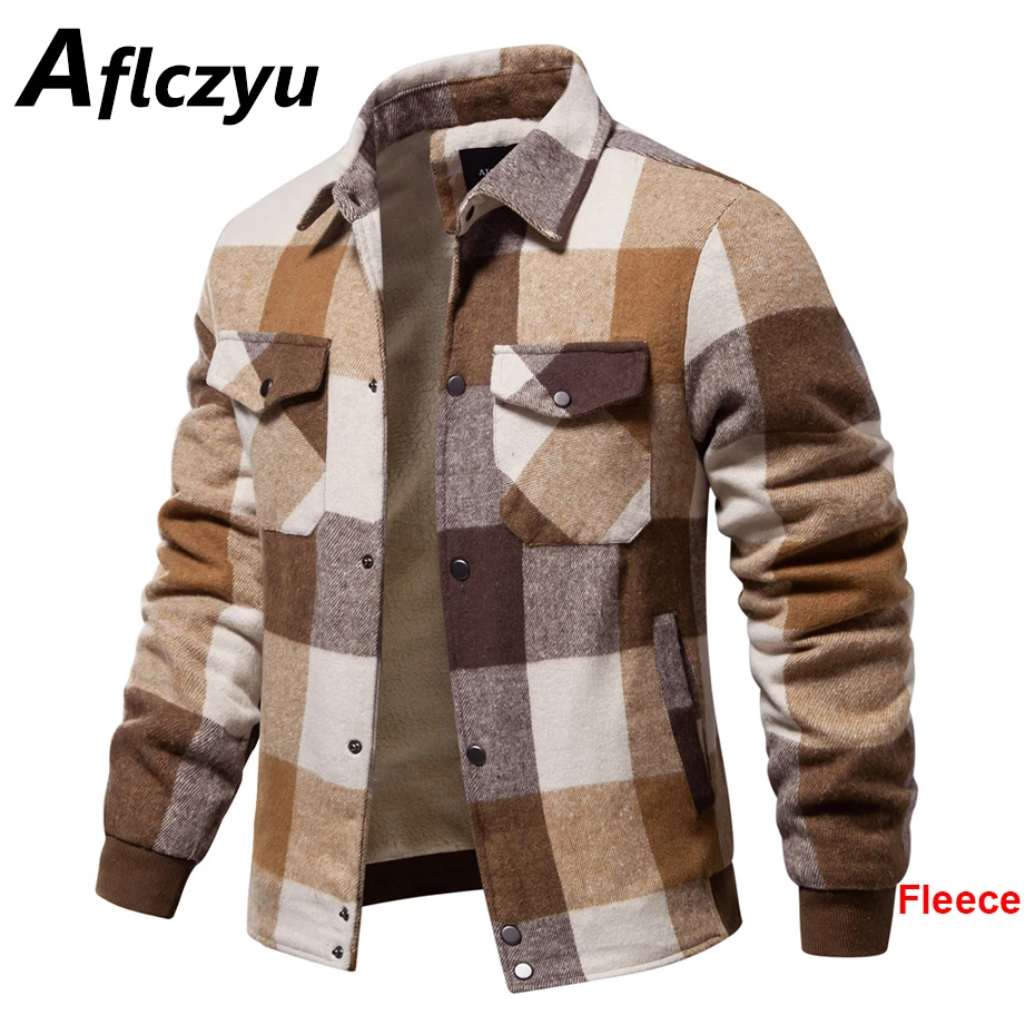 

Plaid Jackets Men Autumn Winter Fleece Jacket Coat Fashion Casual Button Cargo Jackets Male Winter Warm Coats US Size