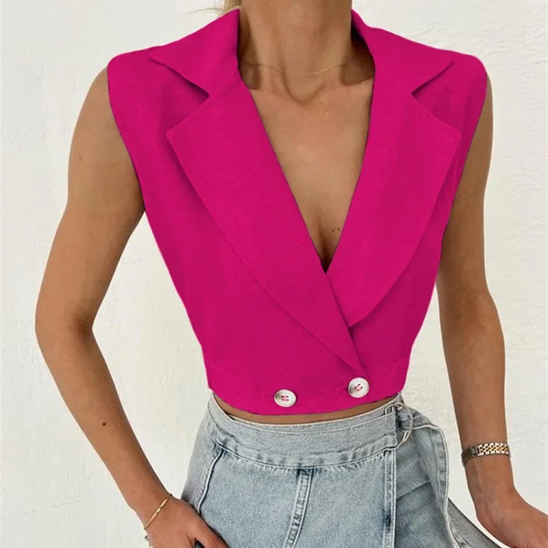 Apricot Rose Red V-Neck Cotton Linen Blazers Tops Women Office Ladies Double-Breasted Tank Tops Cropped Sleeveless Blouses