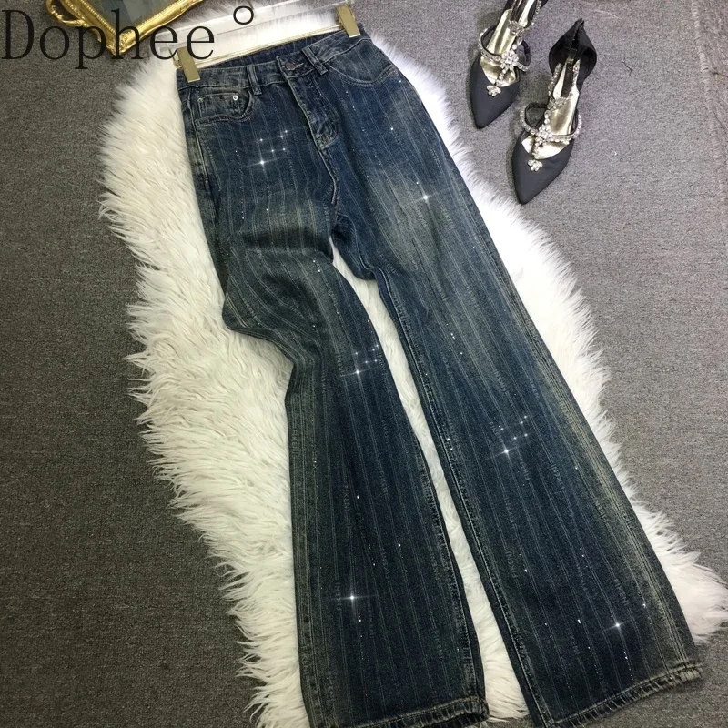 

Dark Blue Hot Drilling Women Denim Trousers 2024 New Autumn All-match High Waist Straight Pants Washed Shiny Diamonds Jeans