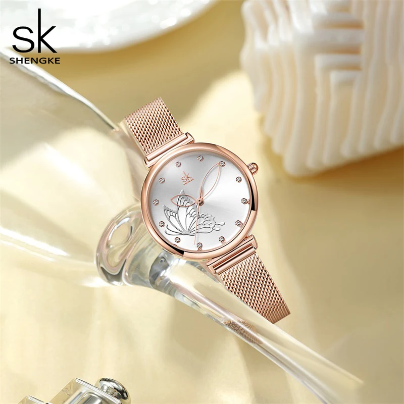 Shengke Fashion Women Watch SK Luxury Casual Ladies Daily Dress Mesh Quartz Wristwatch Minimalist Waterproof Female Butterfly