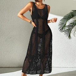 Women's U-Collar Solid Color Dress Knitting Hollow Sexy Bikini Cover Up Beach Holiday Sun Bathing Sunscreen Long Dress