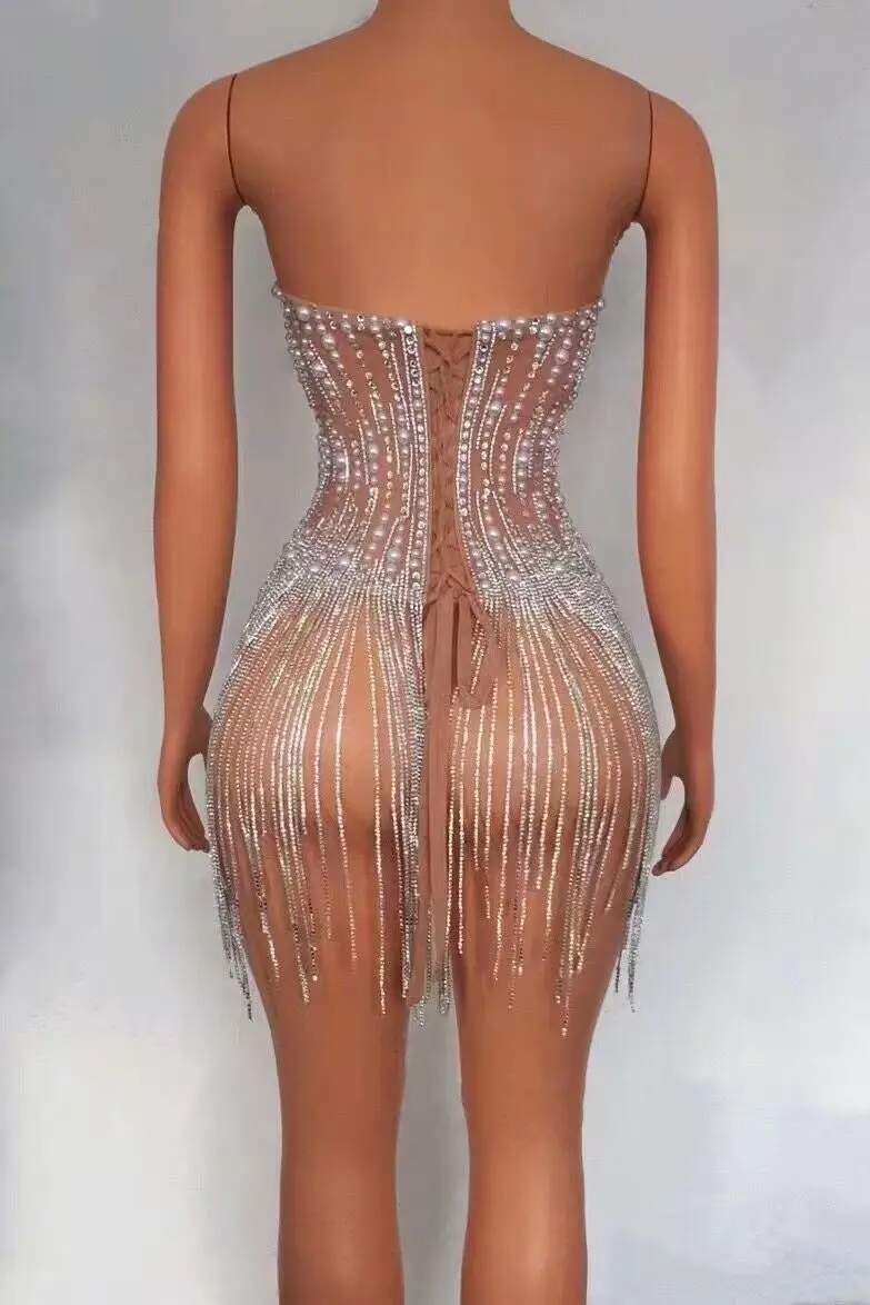 Vestido de fiesta corto con perlas y borlas de cristal para mujer, Sexy de fiesta de cóctel minivestido, atuendo de cantante de cumpleaños