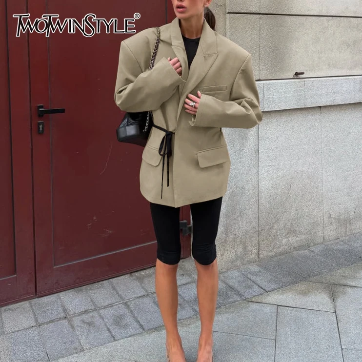 TWOTWINSTYLE Streetwear Oversized Blazer Jacket for Women Lapel Collar Long Sleeve Waist Tie Belt Solid Loose for Autumn Winter
