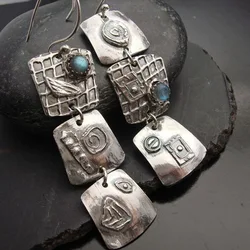 Vintage Ethnic Exaggerated Turquoise Big Dangle Earrings For Women Retro Metal Earring Jewelry for Mother Bohemian Accessories