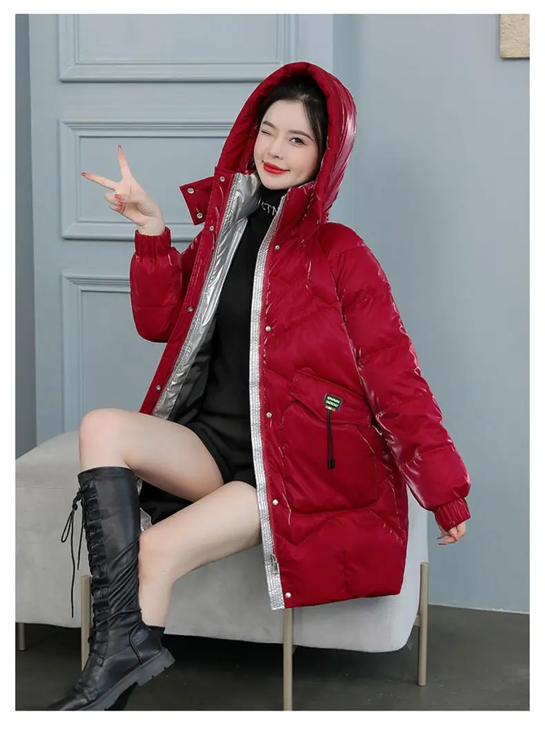 2026 Winter New Gloss Cotton Jacket Women's Medium to Long Korean Loose Coat Lady Thick Hooded Coats Female Warm Parker Overcoat