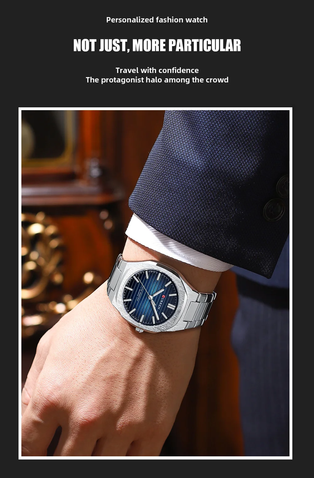 CURREN Minimalistische Herrenuhr mit Edelstahlarmband und Leuchtzeigern, klassische Business-Quarz-Armbanduhr für Männer – Detail 9