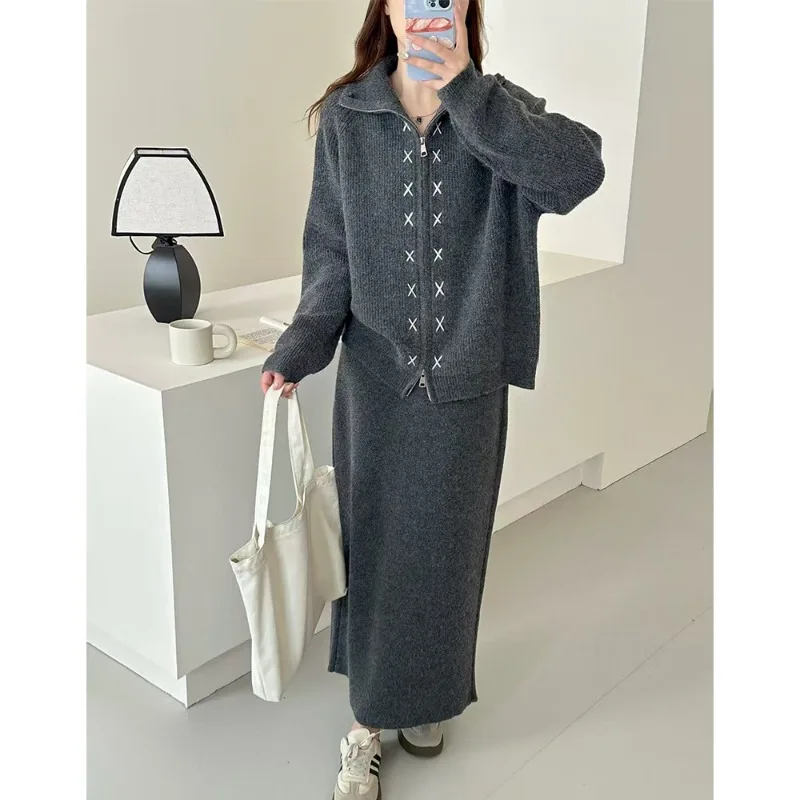 

Модный однотонный вязаный кардиган с двойной молнией и воротником с длинными рукавами + макси-юбка с эластичной резинкой на талии, комплект из 2 предметов, женский зимний костюм в Корейском стиле