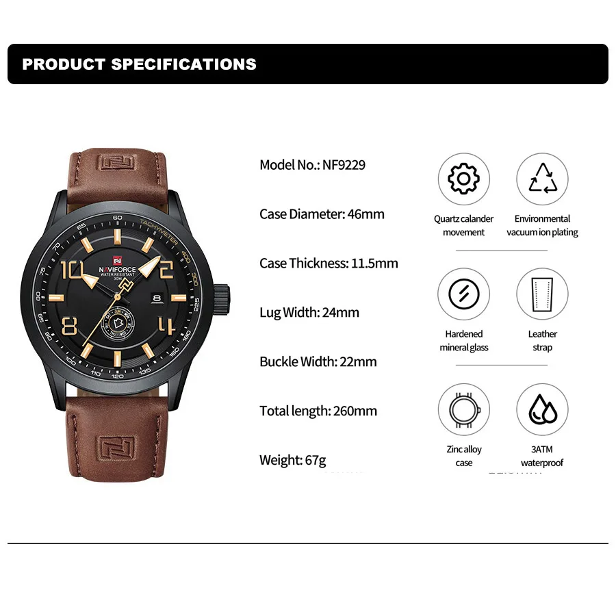 NAVIFORCE Brand Design Men\'s Watches Luxury Fashion PU Strap Waterproof Calendar Quartz Wristwatch Male Gift Relogio Masculino