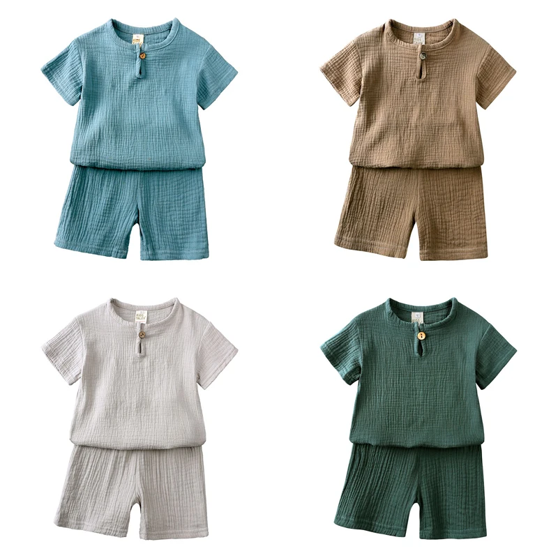 Summer Clothes for Boys Cotton Linen Short Sleeve Tops Shorts Fashion Solid Color Children\'s Clothing Girls Outfit 2-7 Years