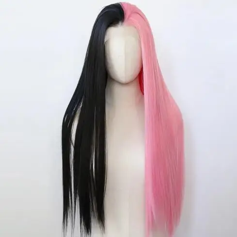 Half Black and Half Pink Synthetic Lace Front Wig Long Straight Synthetic Wig Pre Plucked Heat Resistant Hair Wig