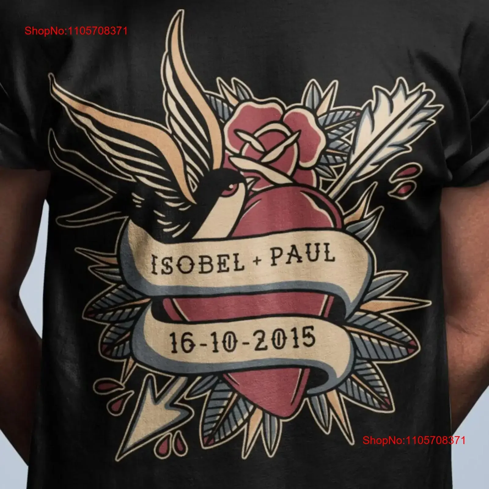 Personalised T Shirt or Old School Tattoo Design Heart Roses Add Your Own Names Text Boy Girlfriend Couple Event vintage