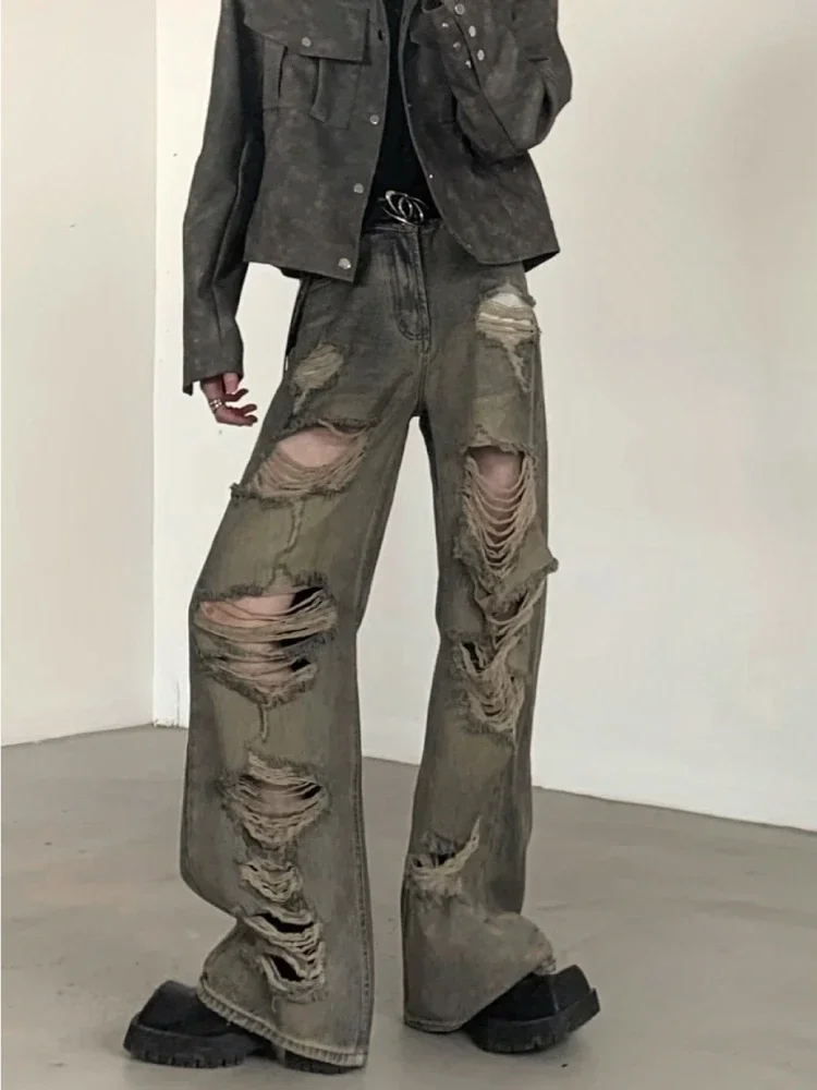 

Jeans Men Denim Wide Leg Pants Floor Length Pant Hole Loose Casual Splice Pocket High Waist Straight Trousers Autumn Winter