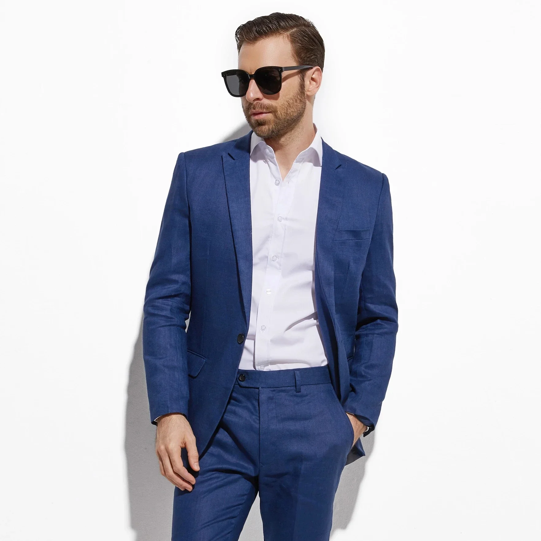 

Blue Summer Linen Elegant Men Suit Smart Casual Slim Fit Blazer Hombre High Quality Custom 2 Piece Set Jacket Pant Costume Homme