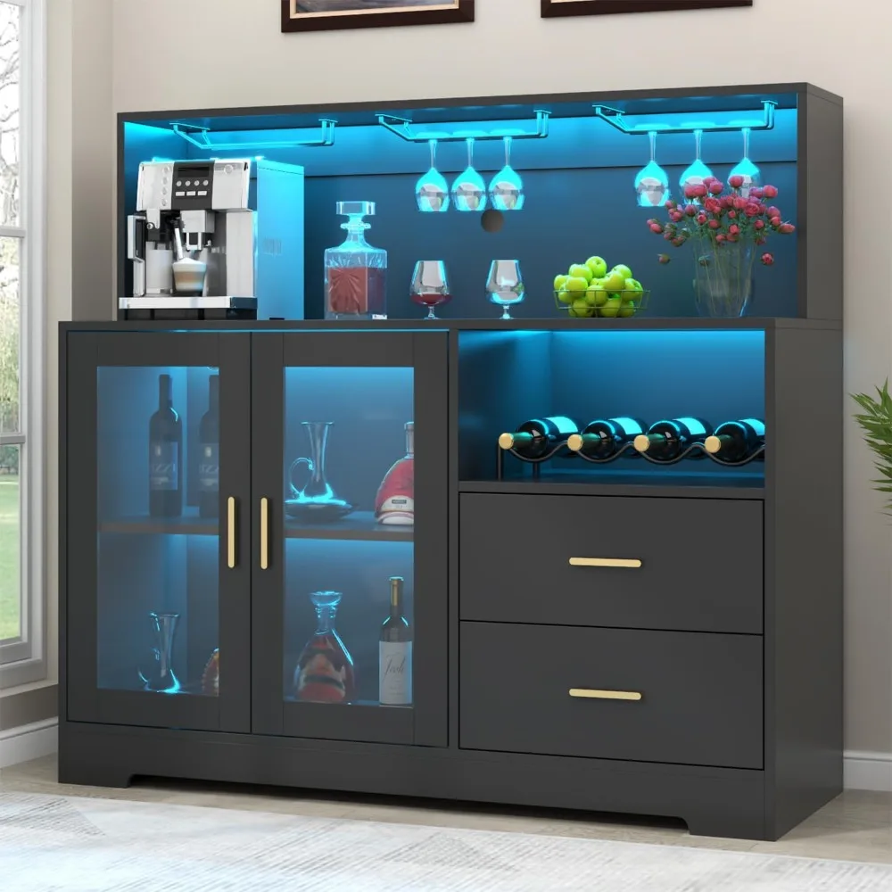 

Bar Cabinet for Home with LED Light, Coffee Bar Cabinet with Wine & Glass Rack, Wine Cabinets with Drawers & Microwave Stand, Mo