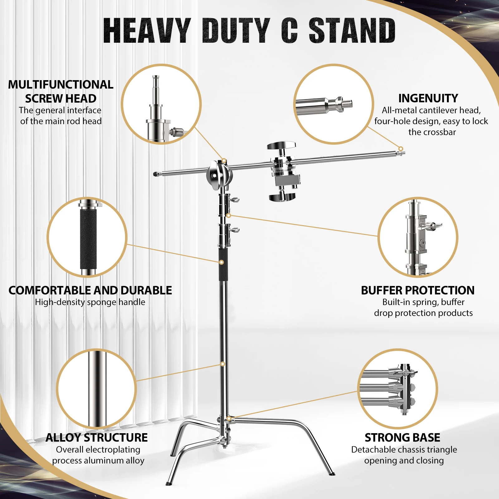 SH 3.3M Photography AdjustableHeavy Duty Stainless Steel C-stand With Bag And Wheel For Monolight, Softbox, Reflector